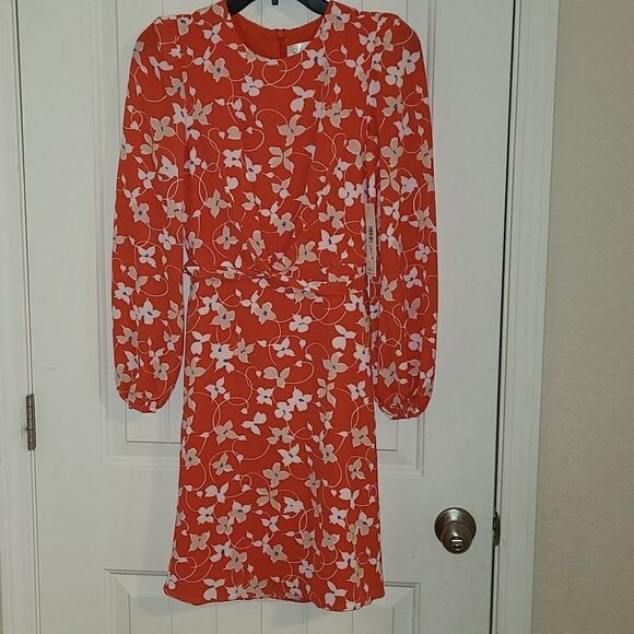 ELIZA J Tie Waist Floral Print Crew Neck 3/4 Sleeve A-Line Pebble Crepe Dress - Picture 5 of 8